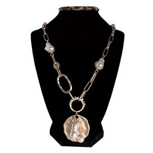 Natasha Hammered Brushed Gold Tone Paper Clip Link Faux Bauble Pearl Necklace